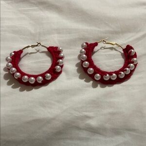 Elegant Red and Pearl Hoop Earrings